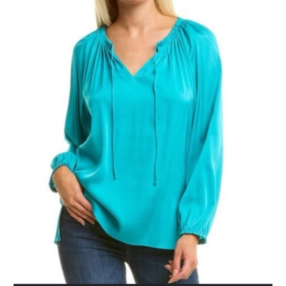 Yumi Kim Top XS Extra Small Silk Green Smocked 3/4 Long Sleeve